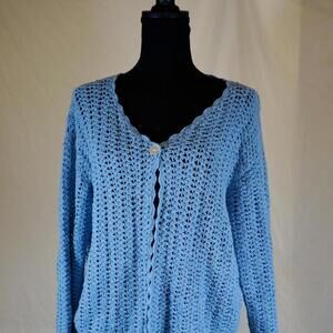 Women's Blue Crochet Cardigan With Single Button Closure